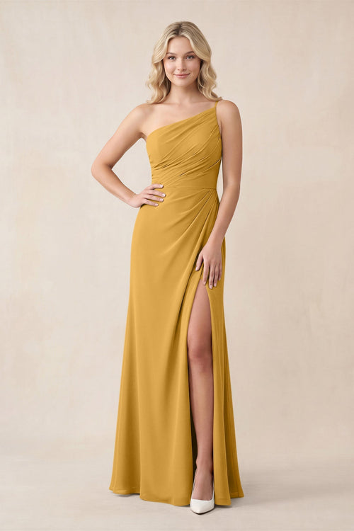 One - Shoulder Sheath Chiffon Ruched Bridesmaid Dress in Marigold - KissProm Bridesmaid Dresses