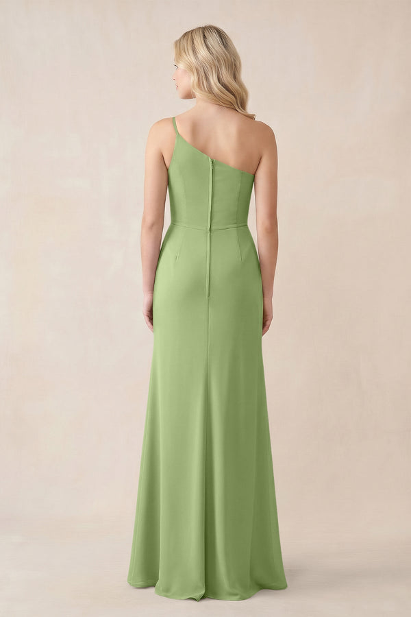 One - Shoulder Sheath Chiffon Ruched Bridesmaid Dress in Matcha - KissProm Bridesmaid Dresses