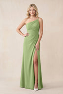One - Shoulder Sheath Chiffon Ruched Bridesmaid Dress in Matcha - KissProm Bridesmaid Dresses