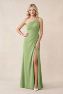 One - Shoulder Sheath Chiffon Ruched Bridesmaid Dress in Matcha - KissProm Bridesmaid Dresses