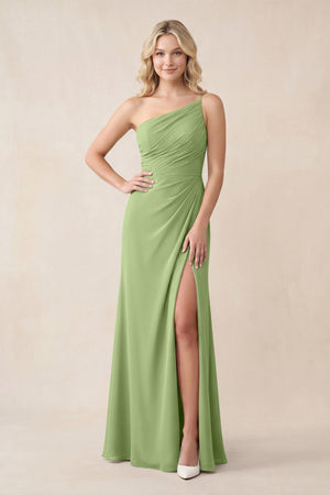 One - Shoulder Sheath Chiffon Ruched Bridesmaid Dress in Matcha - KissProm Bridesmaid Dresses
