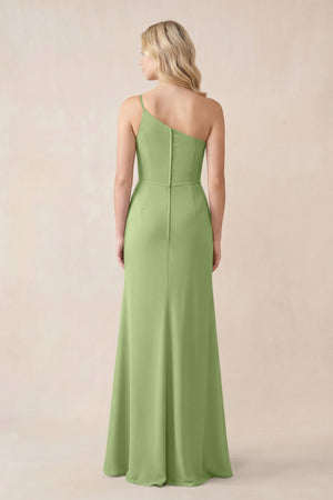 One - Shoulder Sheath Chiffon Ruched Bridesmaid Dress in Matcha - KissProm Bridesmaid Dresses