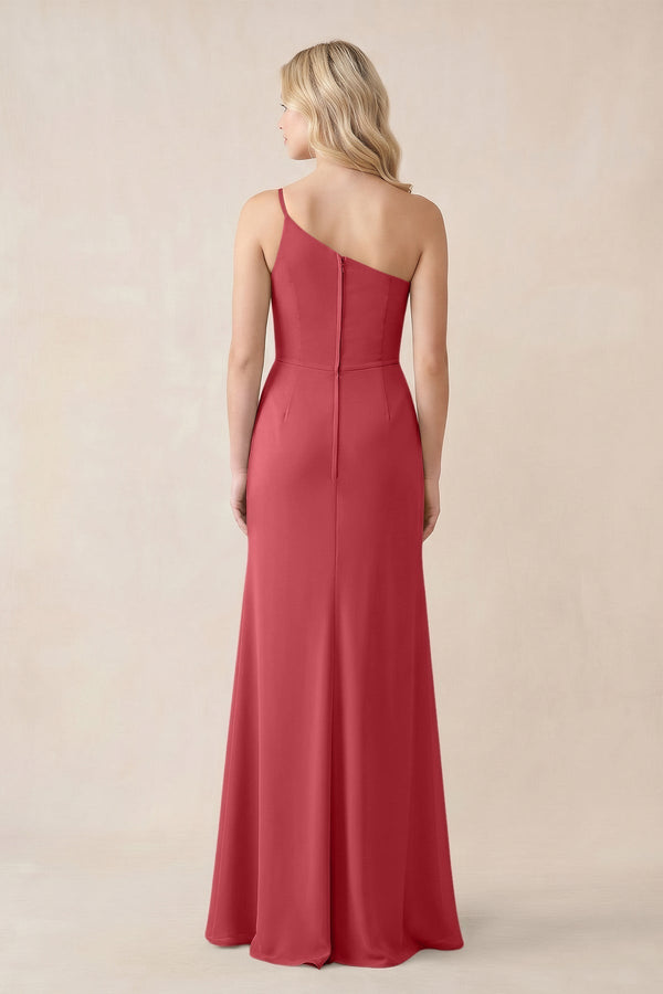One - Shoulder Sheath Chiffon Ruched Bridesmaid Dress in Merlot - KissProm Bridesmaid Dresses