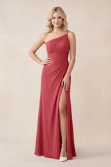 One - Shoulder Sheath Chiffon Ruched Bridesmaid Dress in Merlot - KissProm Bridesmaid Dresses