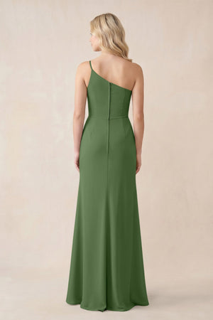 One - Shoulder Sheath Chiffon Ruched Bridesmaid Dress in Moss - KissProm Bridesmaid Dresses