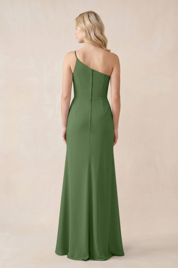 One - Shoulder Sheath Chiffon Ruched Bridesmaid Dress in Moss - KissProm Bridesmaid Dresses
