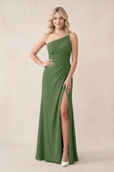 One - Shoulder Sheath Chiffon Ruched Bridesmaid Dress in Moss - KissProm Bridesmaid Dresses
