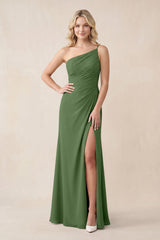 One - Shoulder Sheath Chiffon Ruched Bridesmaid Dress in Moss - KissProm Bridesmaid Dresses