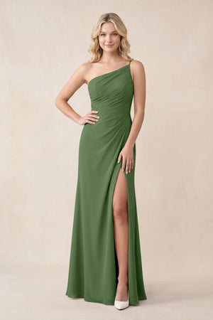 One - Shoulder Sheath Chiffon Ruched Bridesmaid Dress in Moss - KissProm Bridesmaid Dresses