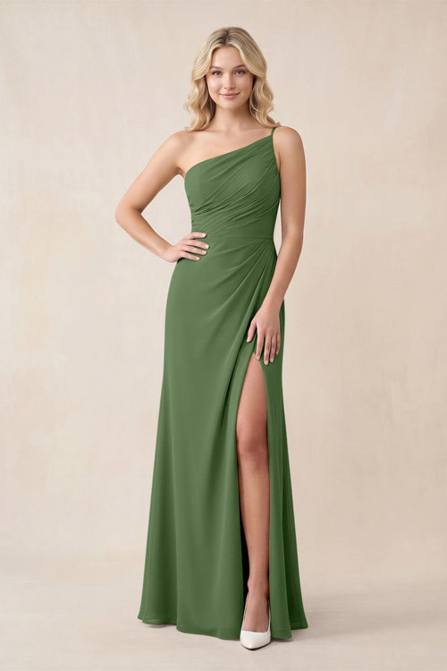 One - Shoulder Sheath Chiffon Ruched Bridesmaid Dress in Moss - KissProm Bridesmaid Dresses