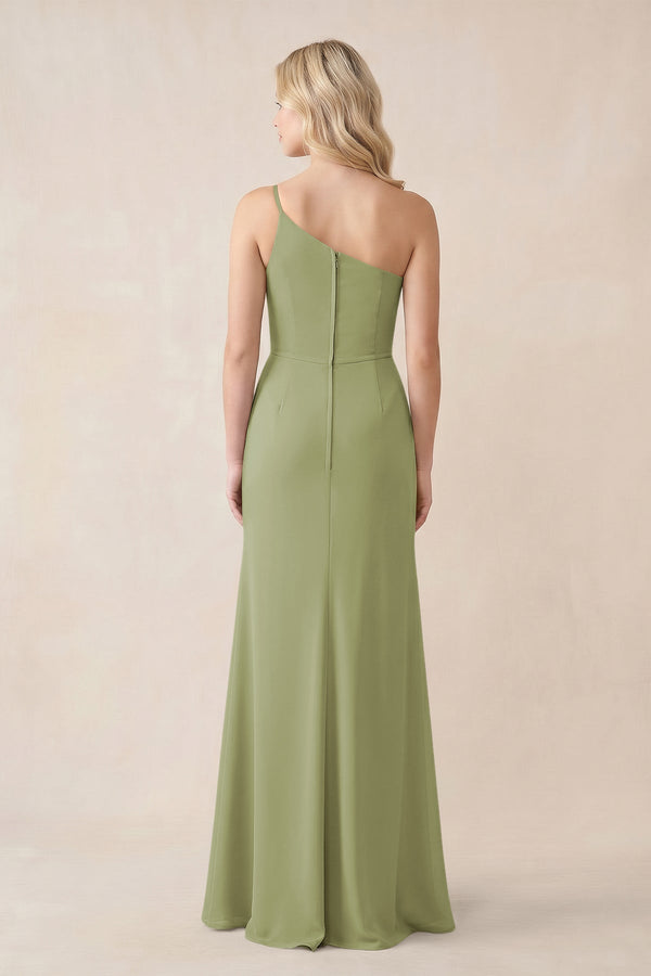One - Shoulder Sheath Chiffon Ruched Bridesmaid Dress in Moss Green - KissProm Bridesmaid Dresses