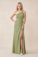 One - Shoulder Sheath Chiffon Ruched Bridesmaid Dress in Moss Green - KissProm Bridesmaid Dresses