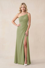 One - Shoulder Sheath Chiffon Ruched Bridesmaid Dress in Moss Green - KissProm Bridesmaid Dresses