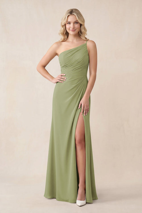 One - Shoulder Sheath Chiffon Ruched Bridesmaid Dress in Moss Green - KissProm Bridesmaid Dresses