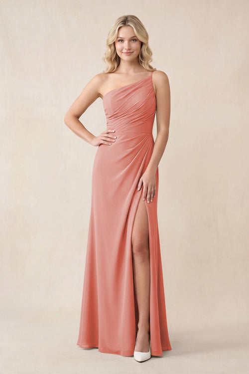 One - Shoulder Sheath Chiffon Ruched Bridesmaid Dress in Mulberry - KissProm Bridesmaid Dresses