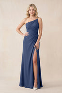 One - Shoulder Sheath Chiffon Ruched Bridesmaid Dress in Navy - KissProm Bridesmaid Dresses