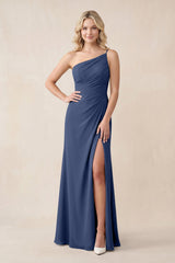 One - Shoulder Sheath Chiffon Ruched Bridesmaid Dress in Navy - KissProm Bridesmaid Dresses