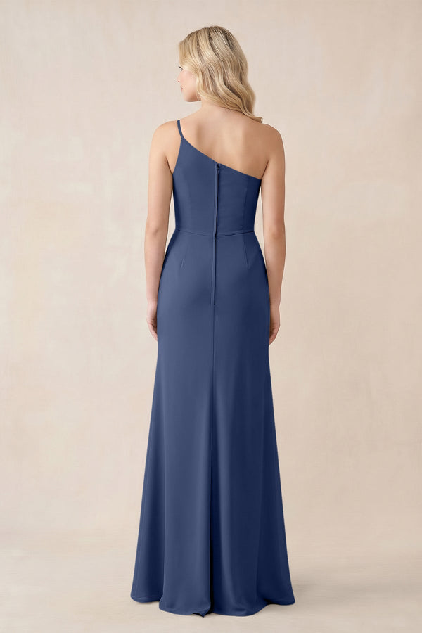 One - Shoulder Sheath Chiffon Ruched Bridesmaid Dress in Navy - KissProm Bridesmaid Dresses