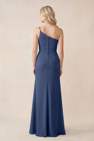 One - Shoulder Sheath Chiffon Ruched Bridesmaid Dress in Navy - KissProm Bridesmaid Dresses