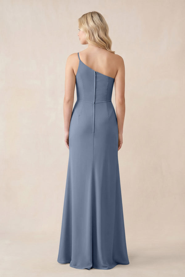One - Shoulder Sheath Chiffon Ruched Bridesmaid Dress in Neptune - KissProm Bridesmaid Dresses
