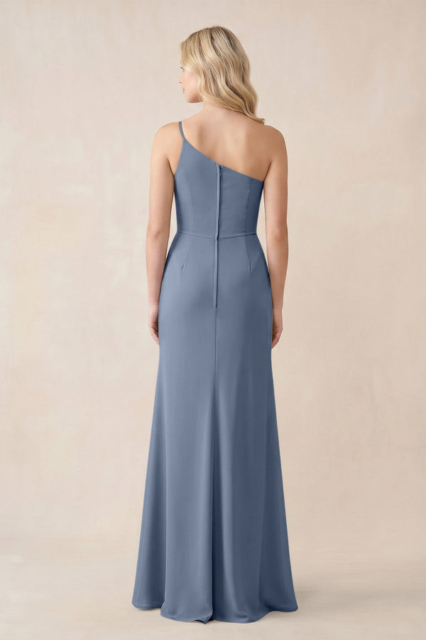 One - Shoulder Sheath Chiffon Ruched Bridesmaid Dress in Neptune - KissProm Bridesmaid Dresses