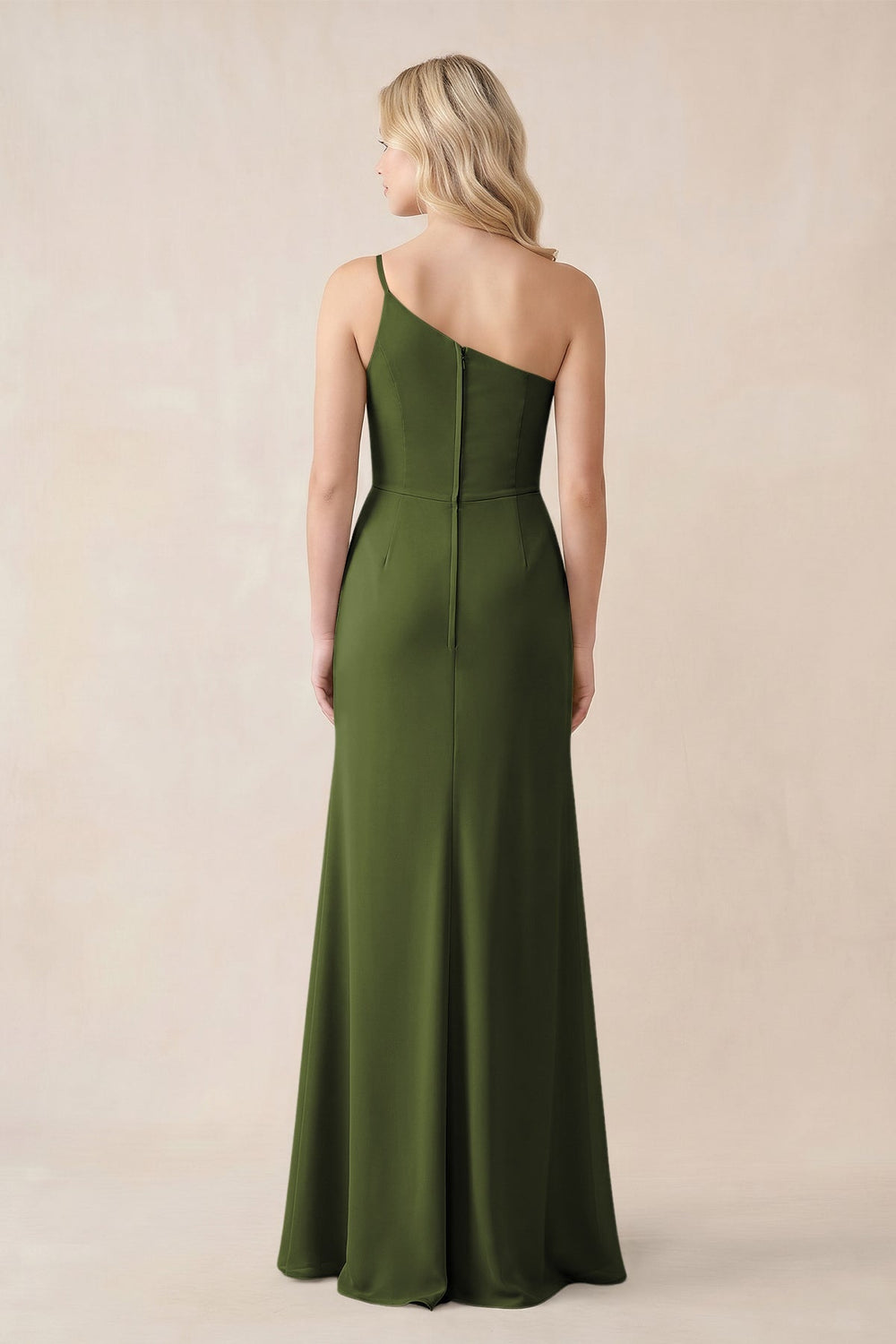 One - Shoulder Sheath Chiffon Ruched Bridesmaid Dress in Olive - KissProm Bridesmaid Dresses