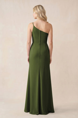 One - Shoulder Sheath Chiffon Ruched Bridesmaid Dress in Olive - KissProm Bridesmaid Dresses