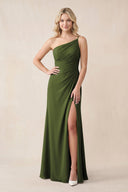 One - Shoulder Sheath Chiffon Ruched Bridesmaid Dress in Olive - KissProm Bridesmaid Dresses