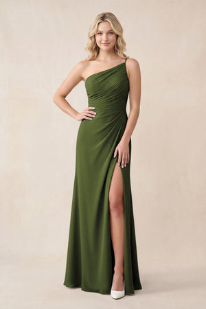One - Shoulder Sheath Chiffon Ruched Bridesmaid Dress in Olive - KissProm Bridesmaid Dresses