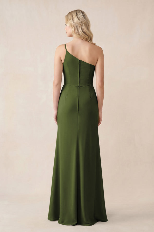 One - Shoulder Sheath Chiffon Ruched Bridesmaid Dress in Olive - KissProm Bridesmaid Dresses