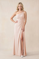 One - Shoulder Sheath Chiffon Ruched Bridesmaid Dress in Pale Blush - KissProm Bridesmaid Dresses