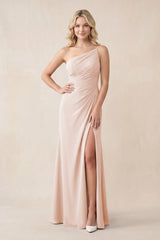 One - Shoulder Sheath Chiffon Ruched Bridesmaid Dress in Pale Blush - KissProm Bridesmaid Dresses