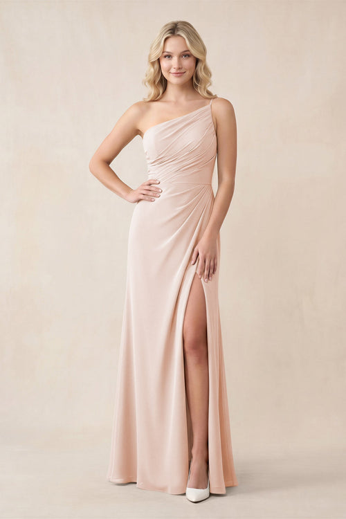 One - Shoulder Sheath Chiffon Ruched Bridesmaid Dress in Pale Blush - KissProm Bridesmaid Dresses