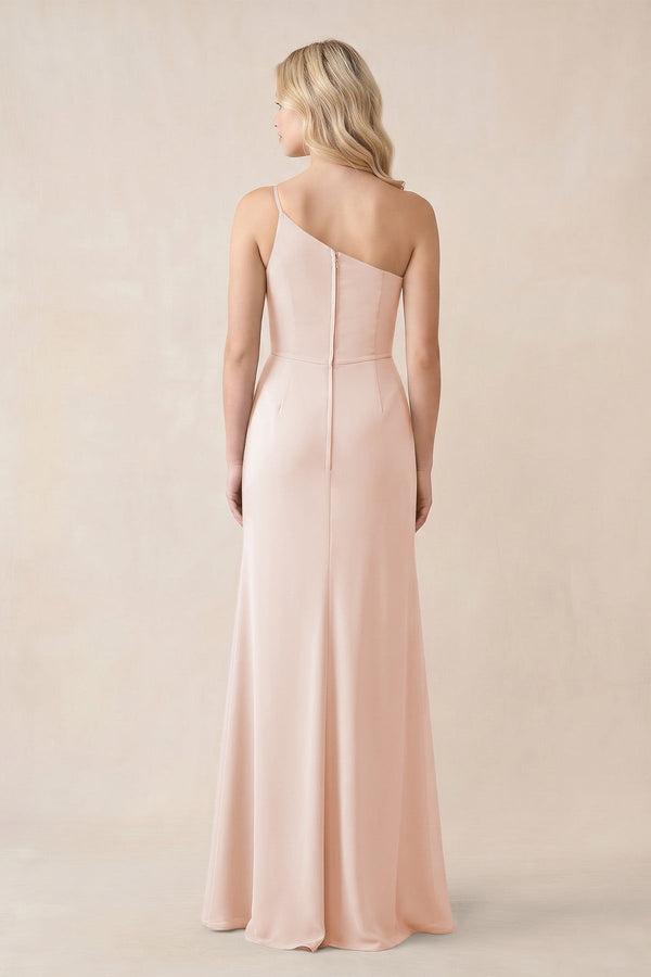 One - Shoulder Sheath Chiffon Ruched Bridesmaid Dress in Pale Blush - KissProm Bridesmaid Dresses
