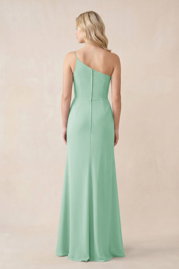 One - Shoulder Sheath Chiffon Ruched Bridesmaid Dress in Pale Pistachio - KissProm Bridesmaid Dresses