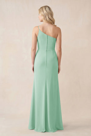 One - Shoulder Sheath Chiffon Ruched Bridesmaid Dress in Pale Pistachio - KissProm Bridesmaid Dresses