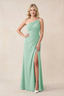 One - Shoulder Sheath Chiffon Ruched Bridesmaid Dress in Pale Pistachio - KissProm Bridesmaid Dresses