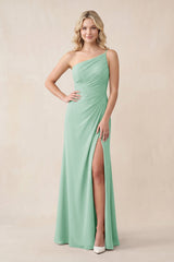 One - Shoulder Sheath Chiffon Ruched Bridesmaid Dress in Pale Pistachio - KissProm Bridesmaid Dresses