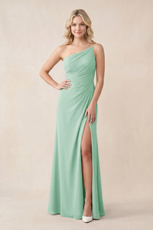 One - Shoulder Sheath Chiffon Ruched Bridesmaid Dress in Pale Pistachio - KissProm Bridesmaid Dresses