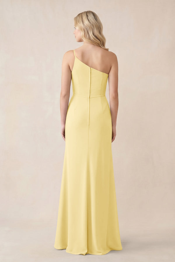 One - Shoulder Sheath Chiffon Ruched Bridesmaid Dress in Pastel Yellow - KissProm Bridesmaid Dresses