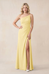 One - Shoulder Sheath Chiffon Ruched Bridesmaid Dress in Pastel Yellow - KissProm Bridesmaid Dresses