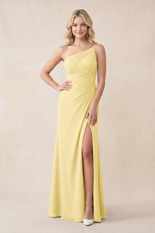 One - Shoulder Sheath Chiffon Ruched Bridesmaid Dress in Pastel Yellow - KissProm Bridesmaid Dresses