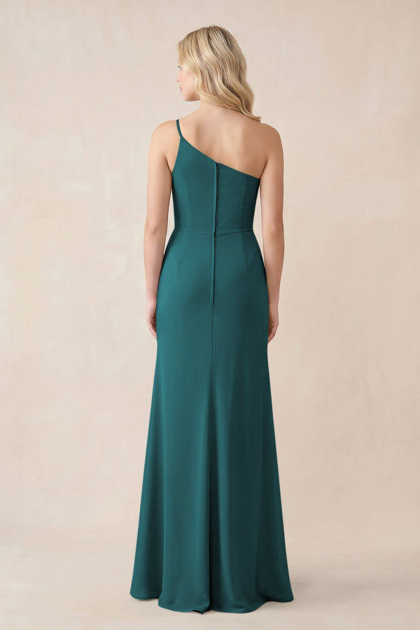 One - Shoulder Sheath Chiffon Ruched Bridesmaid Dress in Pine - KissProm Bridesmaid Dresses