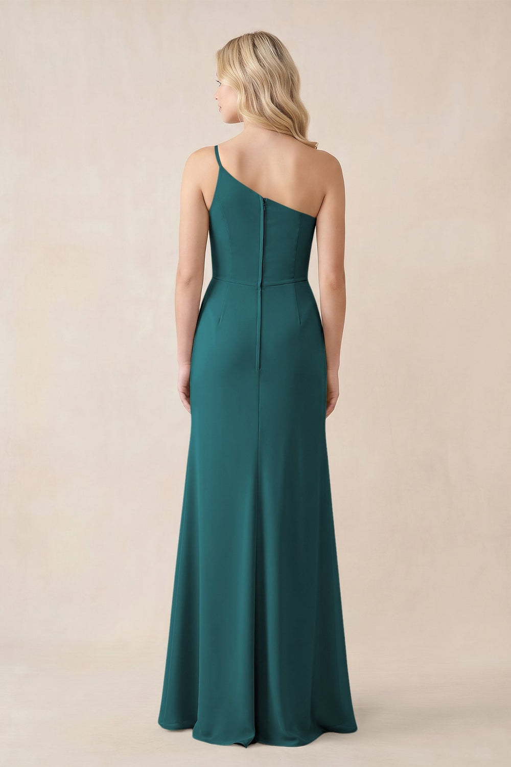 One - Shoulder Sheath Chiffon Ruched Bridesmaid Dress in Pine - KissProm Bridesmaid Dresses