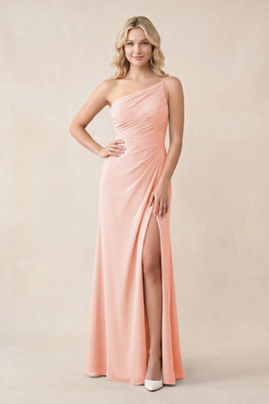 One - Shoulder Sheath Chiffon Ruched Bridesmaid Dress in Rose Petal - KissProm Bridesmaid Dresses