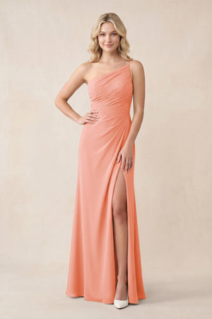 One - Shoulder Sheath Chiffon Ruched Bridesmaid Dress in Rosette - KissProm Bridesmaid Dresses