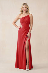 One - Shoulder Sheath Chiffon Ruched Bridesmaid Dress in Ruby Red - KissProm Bridesmaid Dresses
