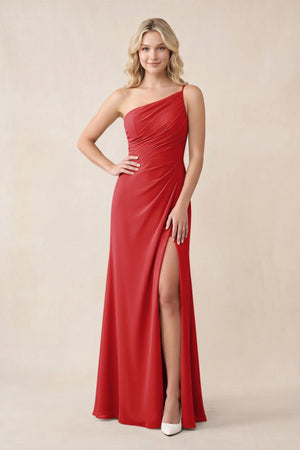 One - Shoulder Sheath Chiffon Ruched Bridesmaid Dress in Ruby Red - KissProm Bridesmaid Dresses