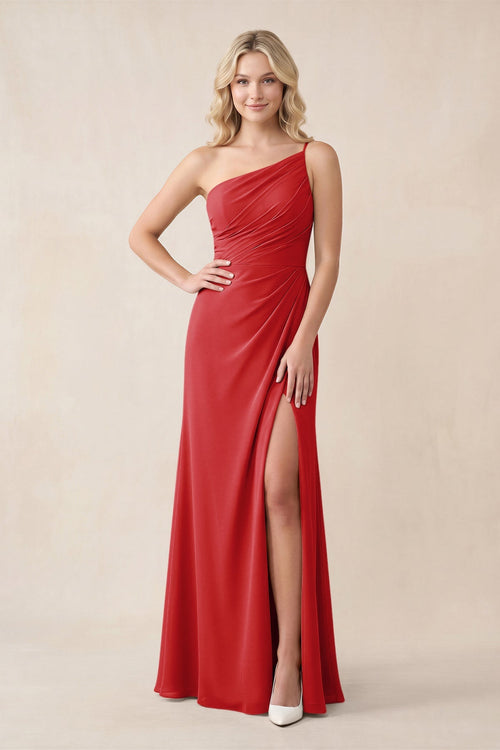 One - Shoulder Sheath Chiffon Ruched Bridesmaid Dress in Ruby Red - KissProm Bridesmaid Dresses