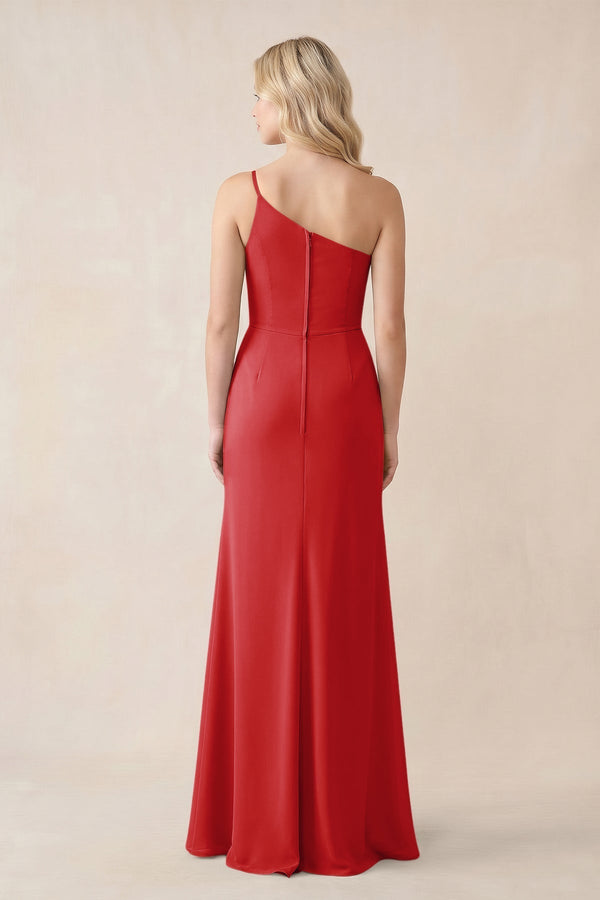 One - Shoulder Sheath Chiffon Ruched Bridesmaid Dress in Ruby Red - KissProm Bridesmaid Dresses